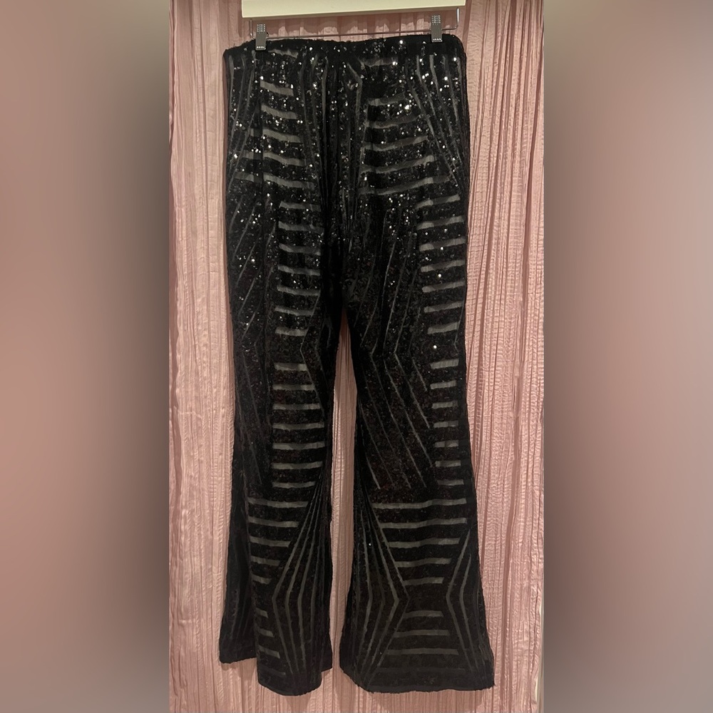 Glossy Black Wide Leg Pants with Textured Finish